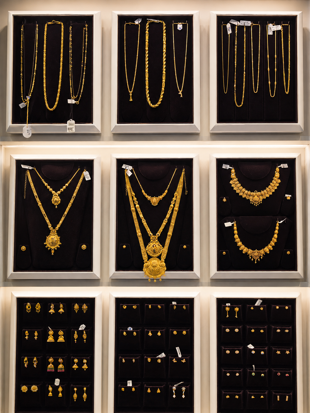 Wall display of gold chains, necklaces and earrings