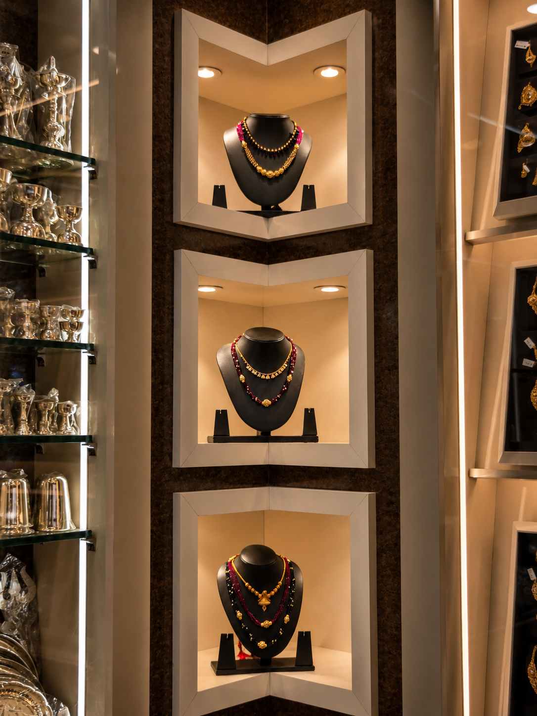 Gold and ruby necklaces displayed in lit showroom niches