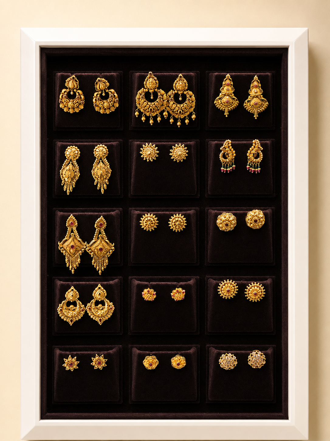 Framed display of gold earrings and studs